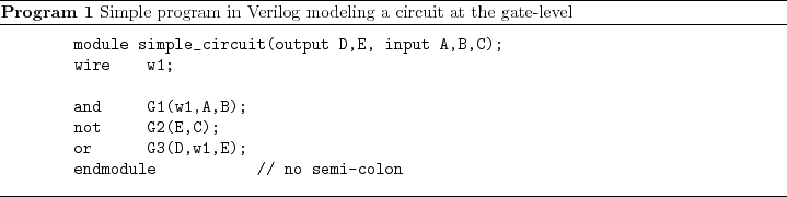 \begin{program}
% latex2html id marker 64\begin{verbatim}module simple_cir...
...{Simple program in Verilog modeling a circuit
at the gate-level}
\end{program}
