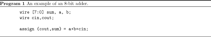 \begin{program}
% latex2html id marker 359\begin{verbatim}wire [7:0] sum, ...
... = a+b+cin;\end{verbatim}\caption{An example of an 8-bit
adder.}
\end{program}