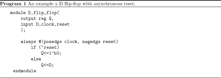 \begin{program}
% latex2html id marker 114\begin{verbatim}module D_flip_fl...
...atim}\caption{An example a D flip-flop with asynchronous
reset.}
\end{program}