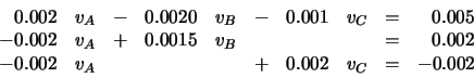 \begin{displaymath}\begin{array}{rrcrrcrrcr}
0.002 & v_A & - & 0.0020 & v_B & - ...
...
-0.002 & v_A & & & & + & 0.002 & v_C & = & -0.002
\end{array}\end{displaymath}