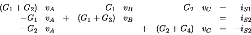 \begin{displaymath}\begin{array}{rrcrrcrrcr}
(G_1 + G_2) & v_A & - & G_1 & v_B &...
...2 & v_A & & & & + & (G_2 + G_4) & v_C & = & -i_{S2}
\end{array}\end{displaymath}