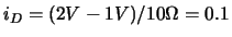 $i_D = (2V-1V)/10\Omega
= 0.1$