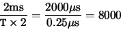 \begin{displaymath}\frac{2 {\rm {ms}}}{{\tt T} \times 2} =
\frac{2000 \mu{\rm {s}}}{0.25 \mu{\rm {s}}} = 8000\end{displaymath}