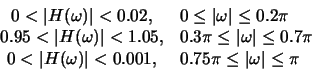 \begin{displaymath}
\begin{array}{cl}
-0.02 < \vert H(\omega)\vert < 0.02, & 0 \...
...t < 0.001, & 0.75 \pi \le \vert\omega\vert \le \pi
\end{array}\end{displaymath}